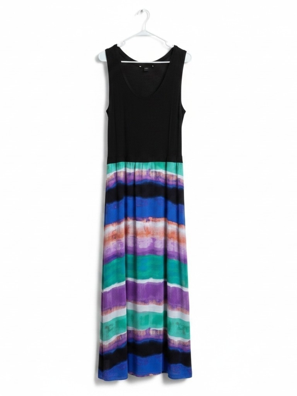 Calvin Klein Black Bodice Maxi Dress with Blue, Green & Purple Stripes